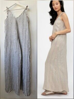 La Bottega Di Brunella Italy Linen Grey And White Wide Leg One Piece Jumpsuit